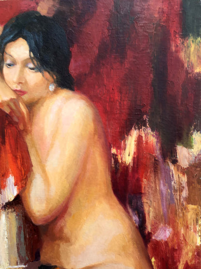 Oil painting of female figure on red by Serdyuk Boris Petrovich