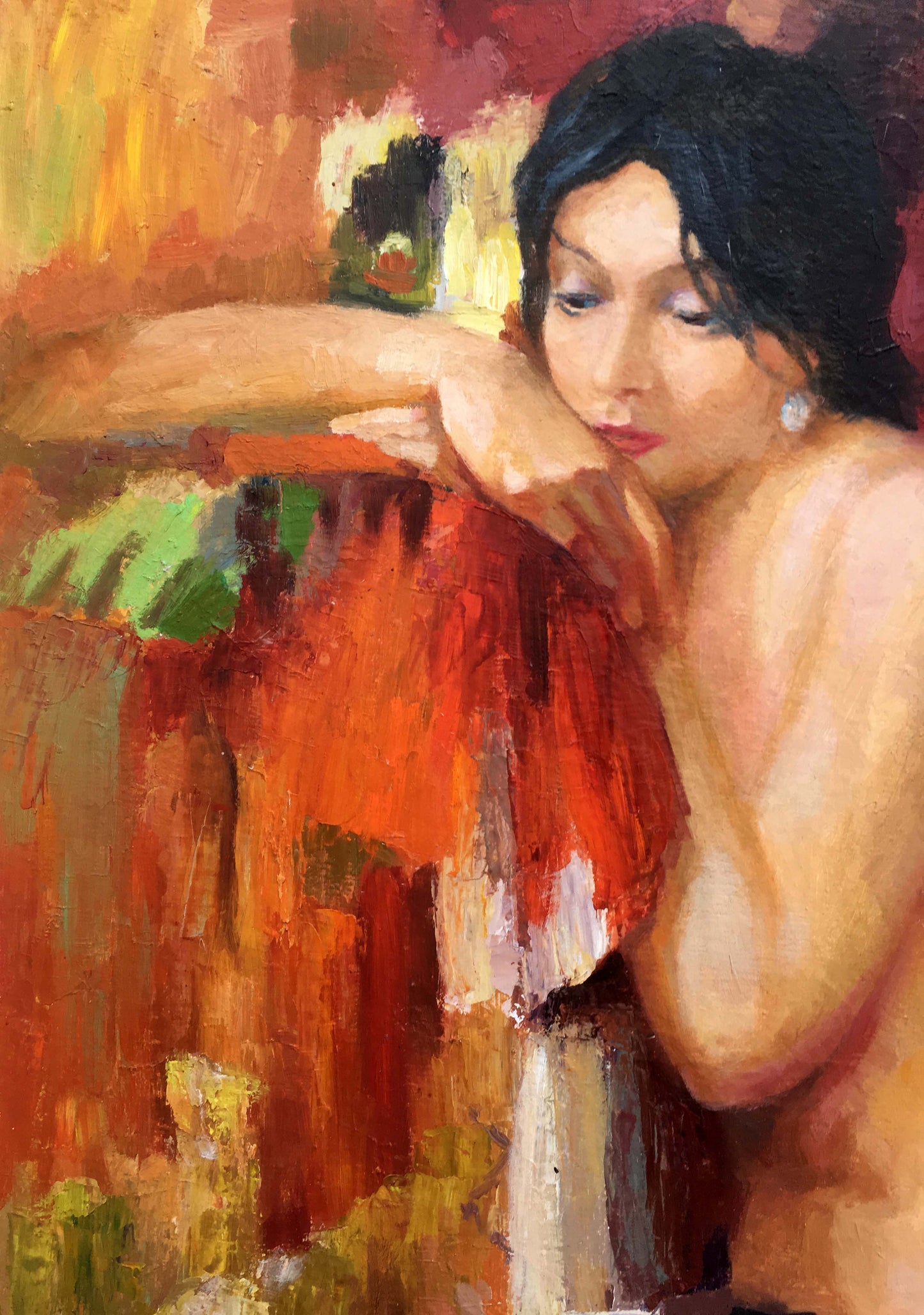 Oil painting of female figure by Serdyuk Boris Petrovich with woman on textured orange green canvas