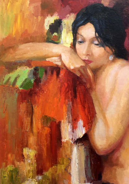 Oil painting of female figure by Serdyuk Boris Petrovich with woman on textured orange green canvas