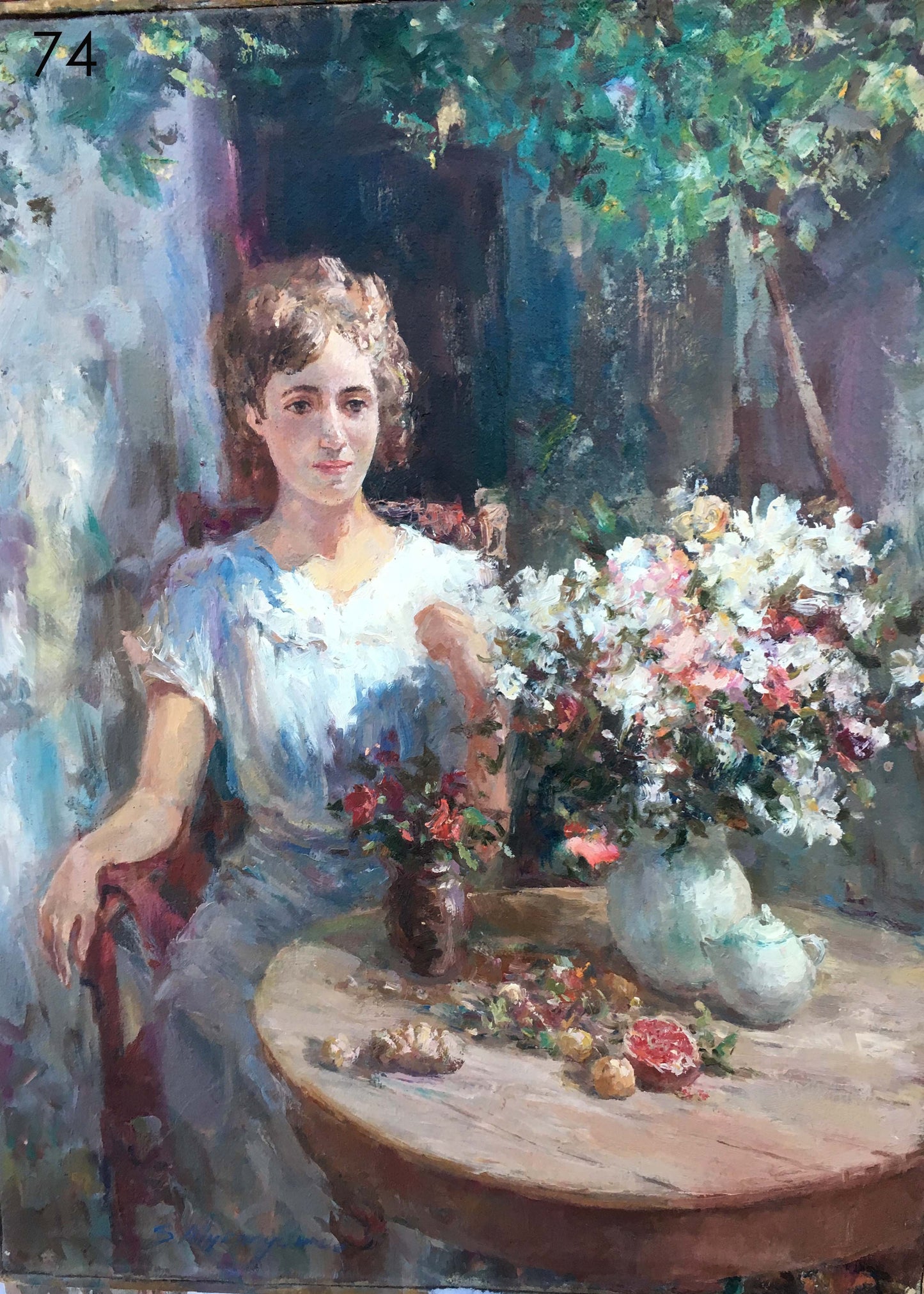 Pensive girl oil painting with lush colorful bouquet in green vase