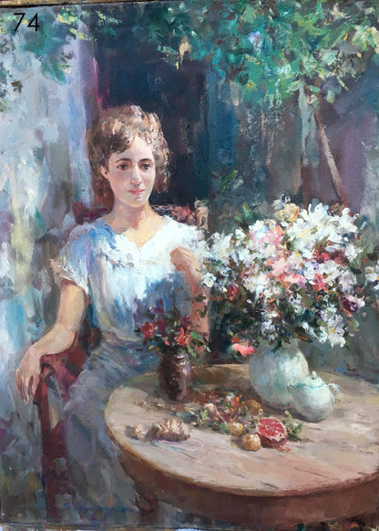 Pensive girl oil painting with lush colorful bouquet in green vase