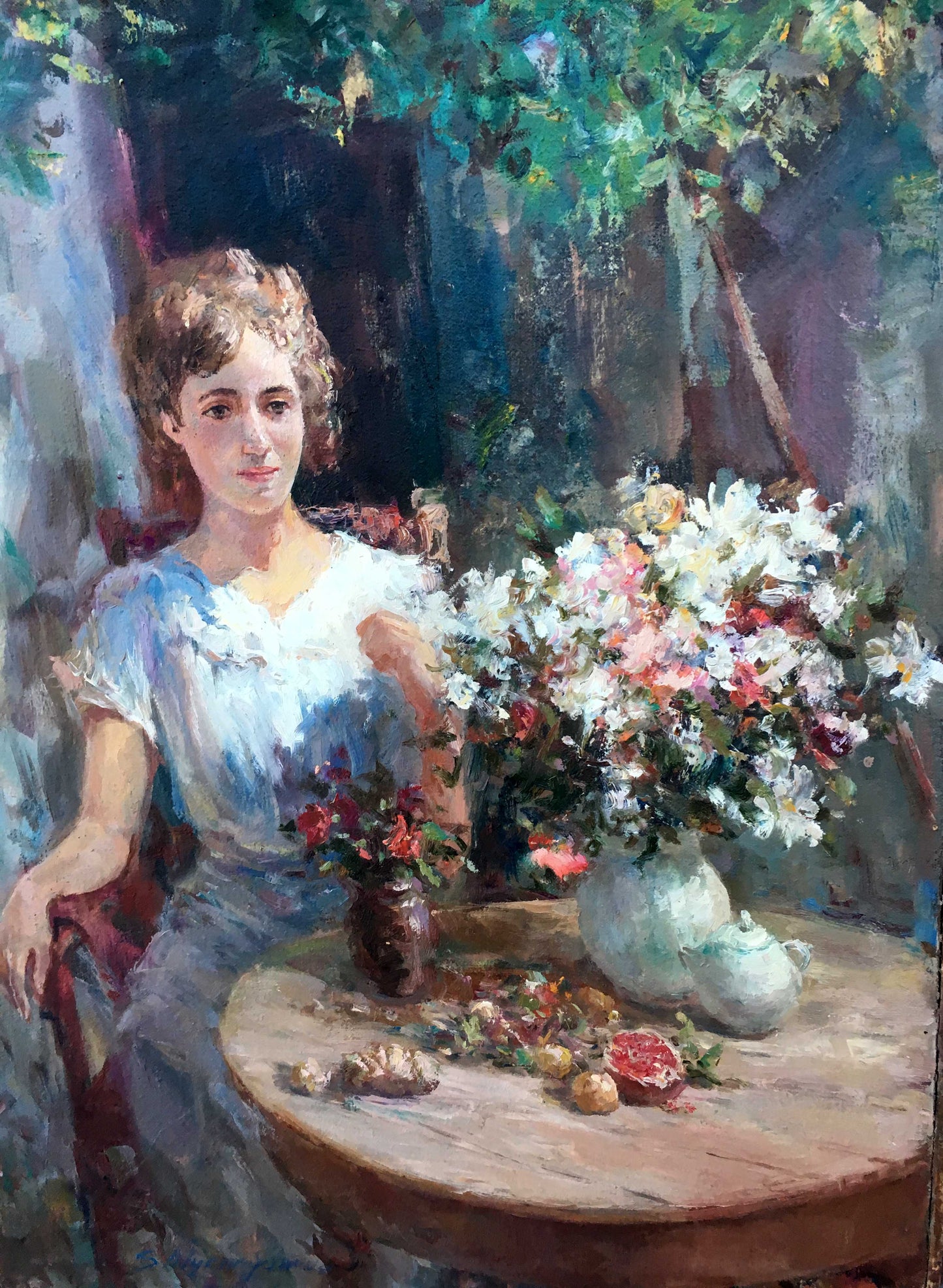 Pensive girl oil painting with lush white pink red flowers in green vase