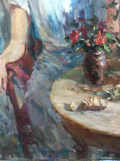 Pensive girl oil painting on rustic wooden table with red pink flowers vase