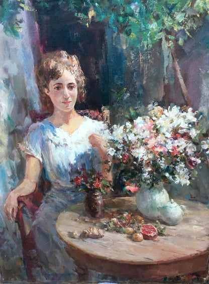 Pensive girl oil painting with lush white pink red flowers in light green vase