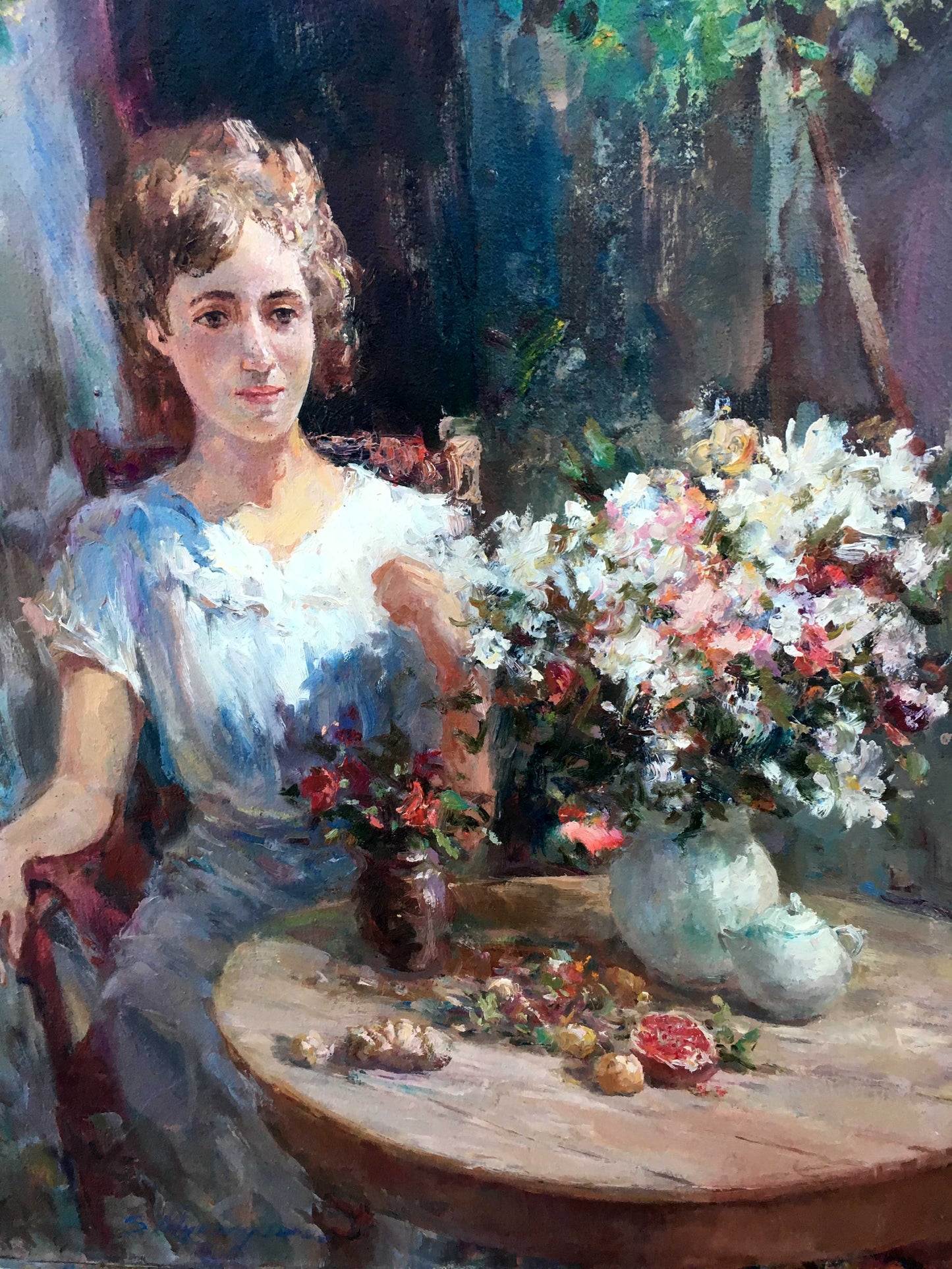 Pensive girl oil painting with lush white pink red flower bouquet in blue vase
