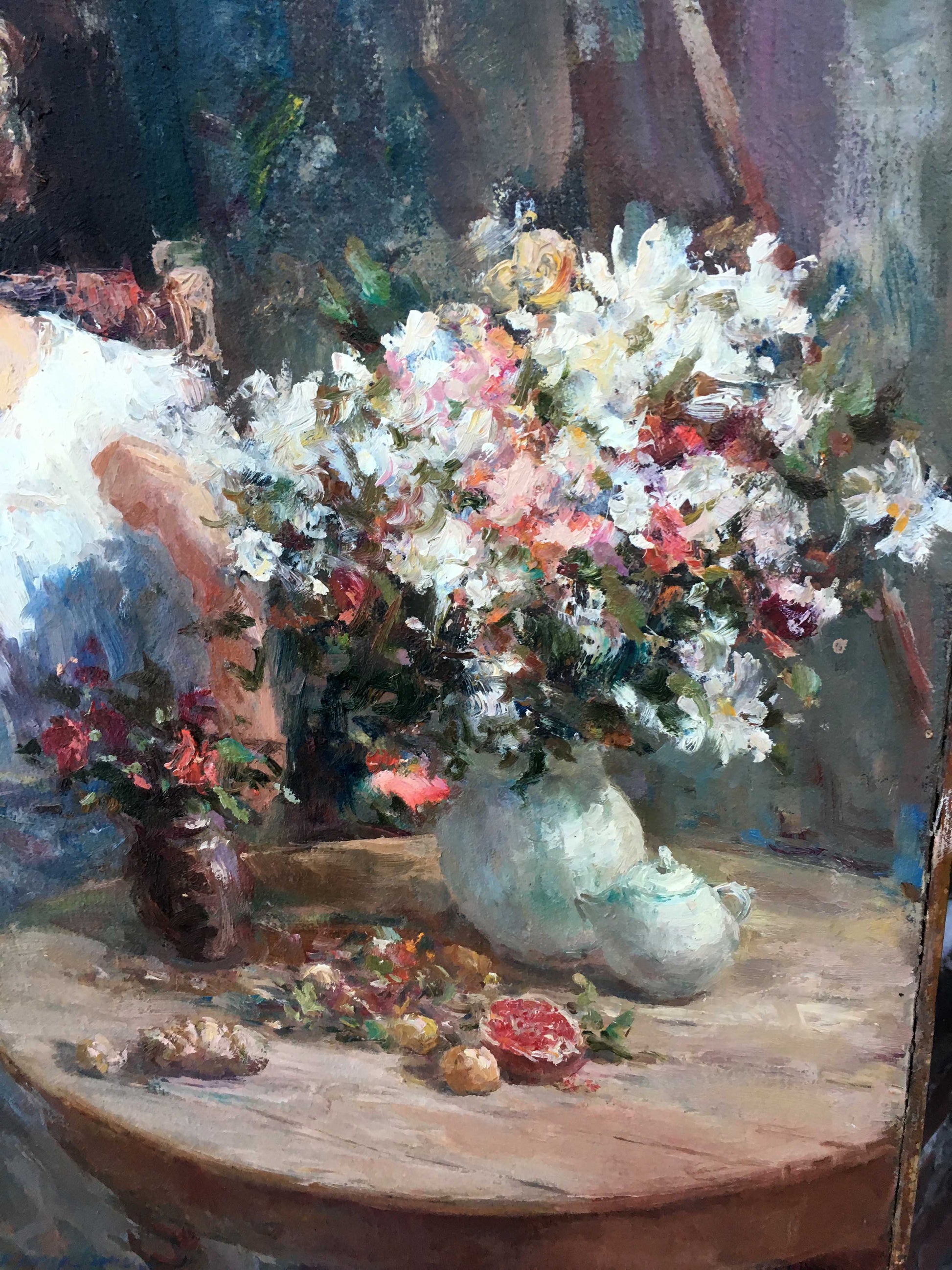 Pensive girl oil painting with lush white pink red flowers in greenish-blue vase