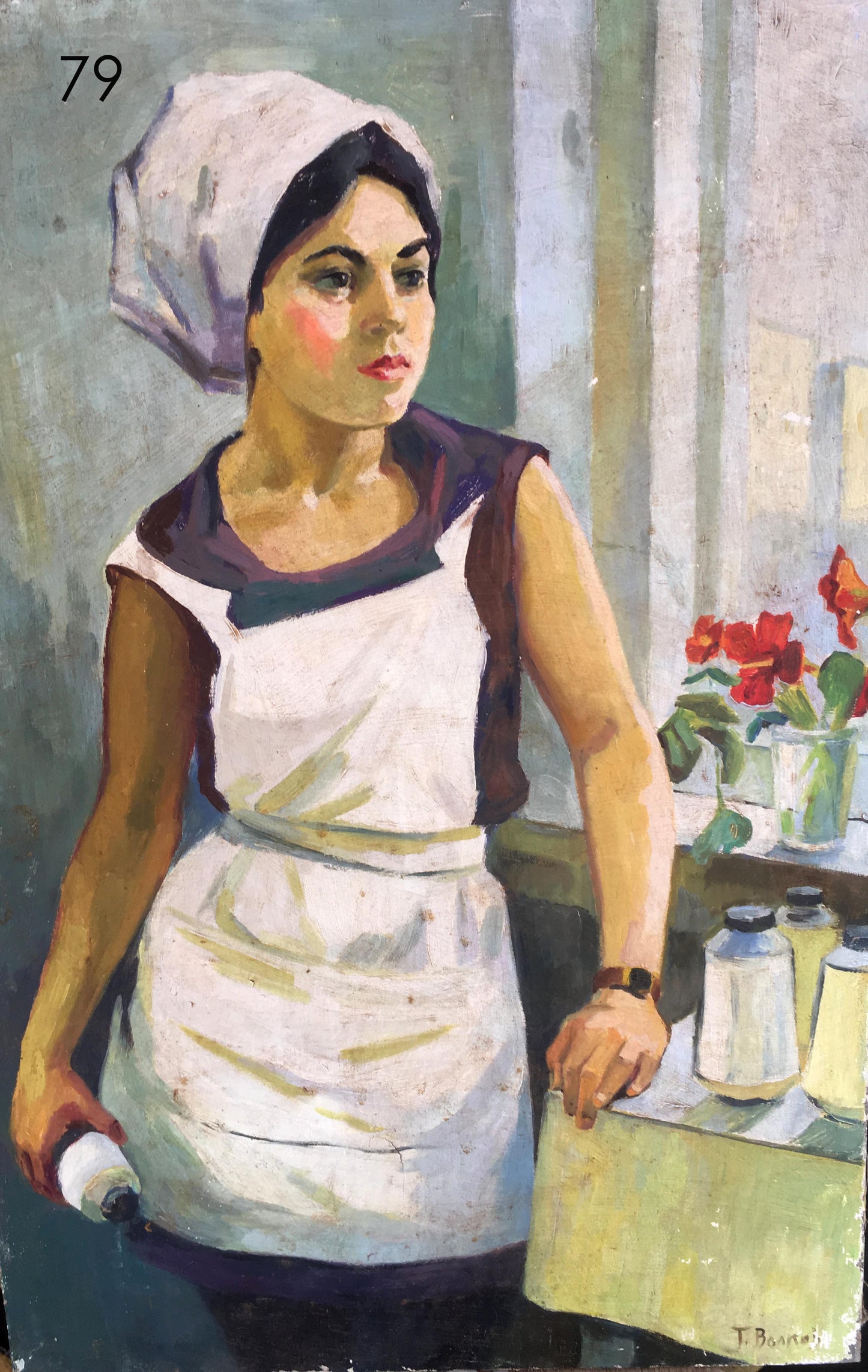 Oil painting Girl Volkov: woman in white headscarf and apron in kitchen