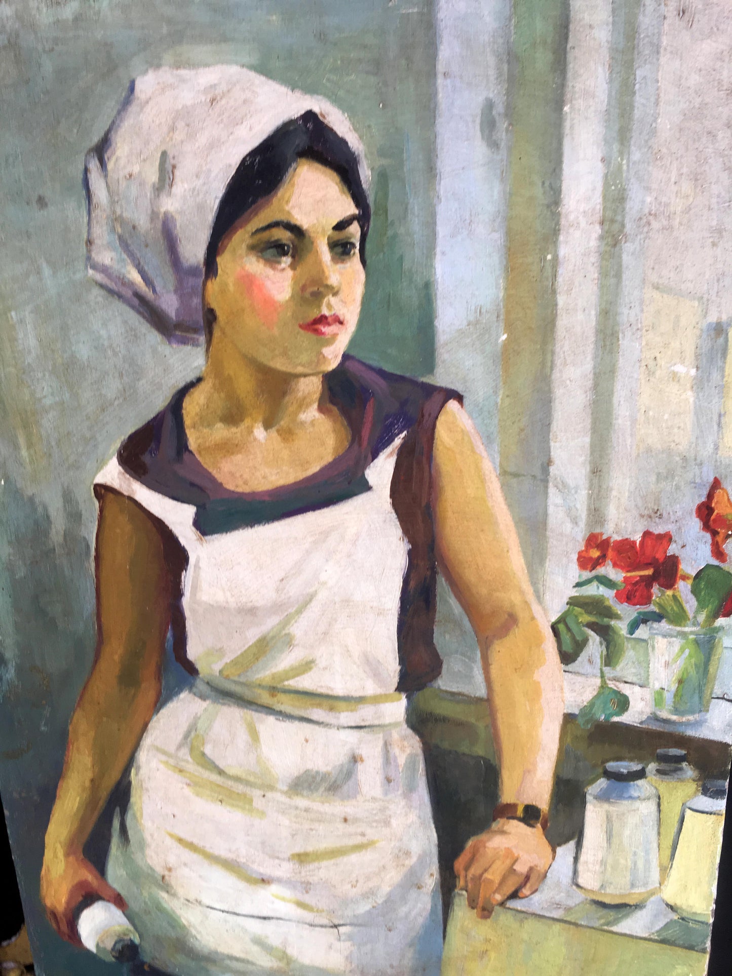 Oil painting Girl Volkov: woman in white apron, purple headscarf, visible brushstrokes