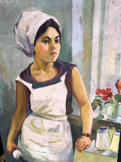 Oil painting Girl Volkov: woman in white apron, purple headscarf, visible brushstrokes