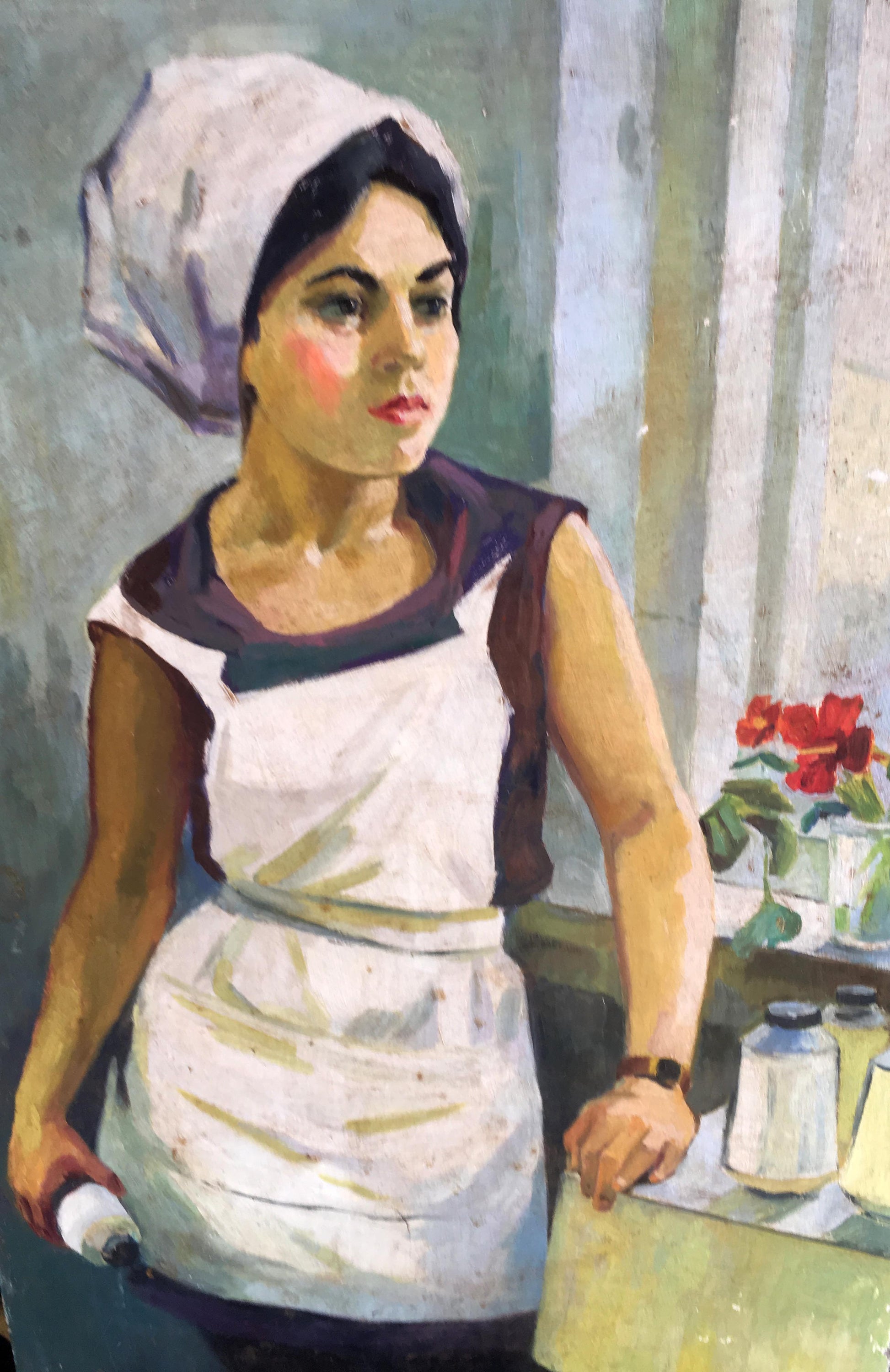 Oil painting Girl Volkov: woman in white apron, dark sleeveless top, headscarf