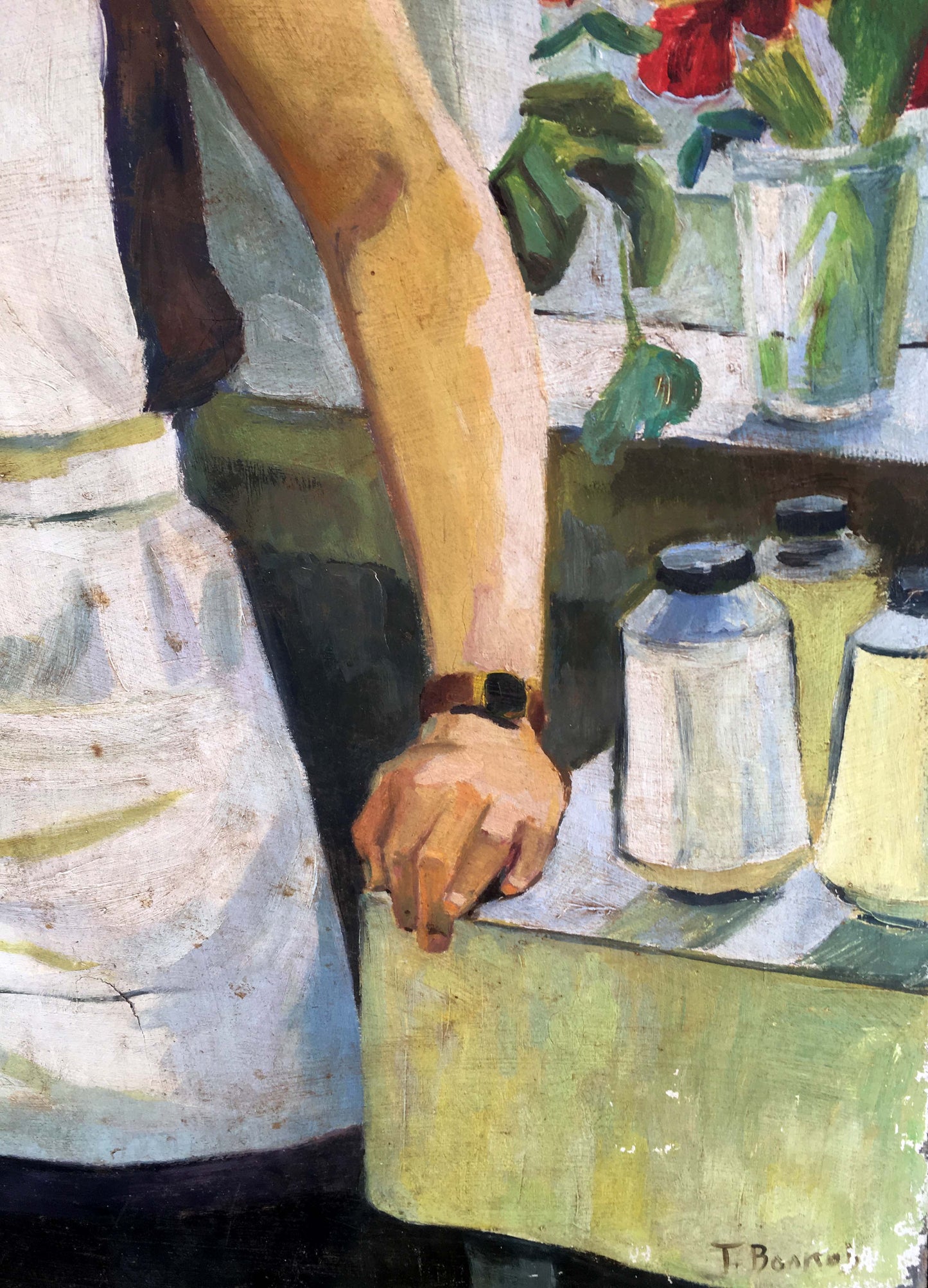 Oil painting Girl Volkov with arm hand on green counter brown leather watch