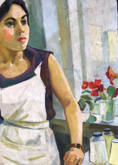 Oil painting Girl Volkov: woman in white apron by window with jars, red flowers