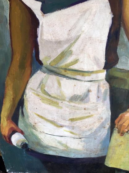 Oil painting Girl Volkov white apron with green brushstrokes impressionistic style