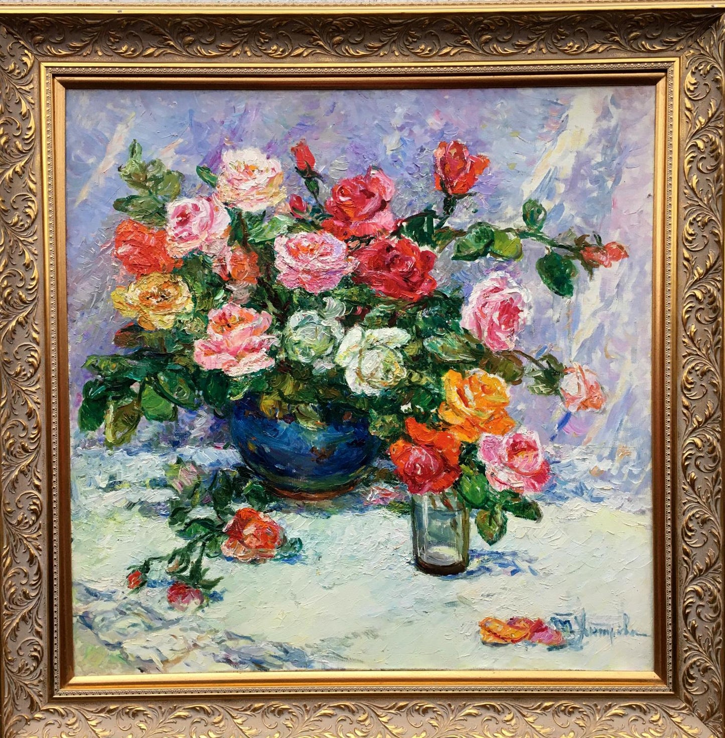 Oil painting Still life by Tamara Aleksandrovna Khitrova: pink red roses in vases