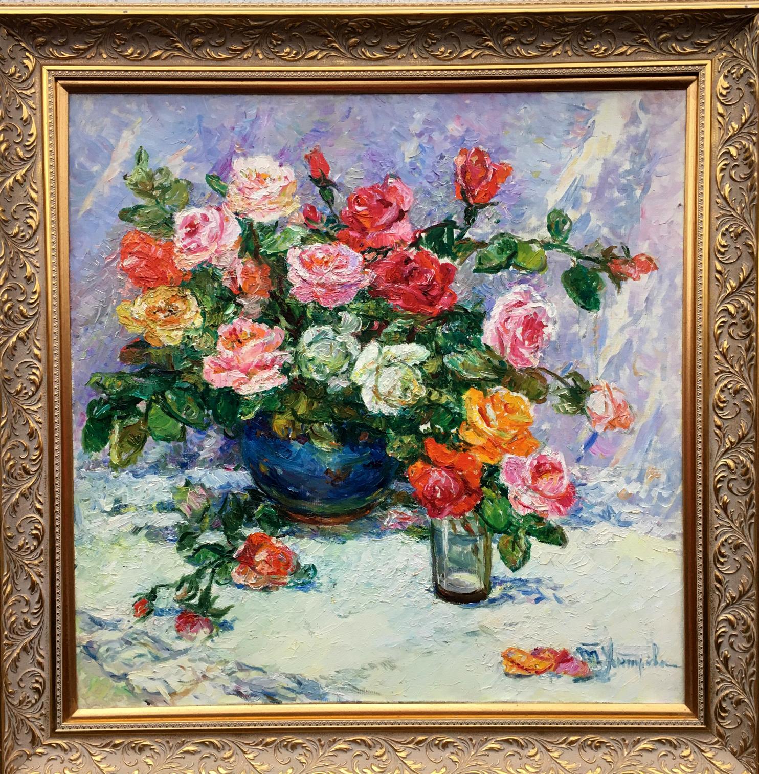 Oil painting Still life by Tamara Aleksandrovna Khitrova: pink red roses in vases