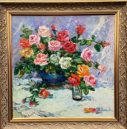Oil painting Still life by Tamara Aleksandrovna Khitrova: pink red roses in vases