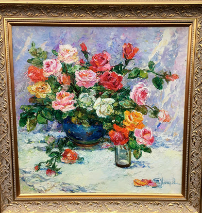Vibrant impressionist oil painting of roses in blue vase by Tamara Aleksandrovna Khitrova