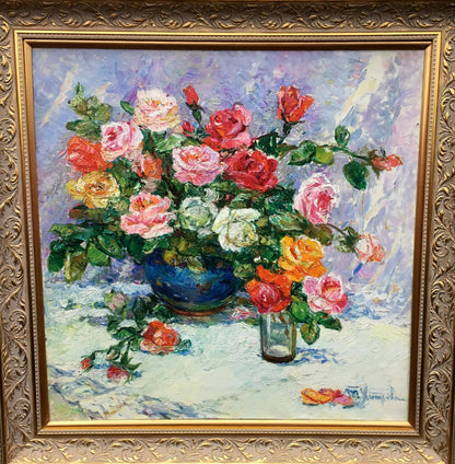 Oil painting still life of pink red roses in blue and glass vases by Khitrova