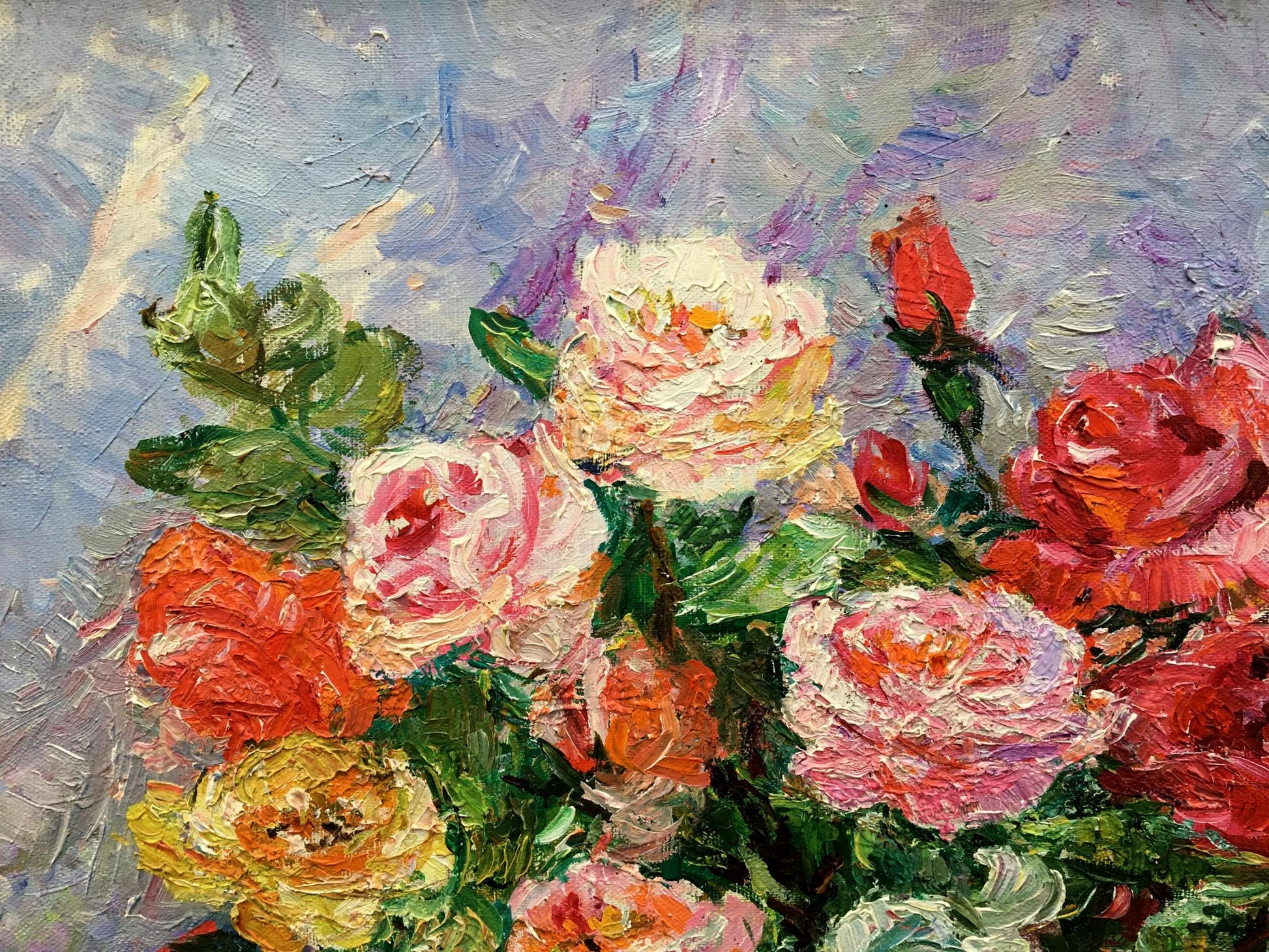 Oil painting Still life by Tamara Aleksandrovna Khitrova: vibrant rose bouquet