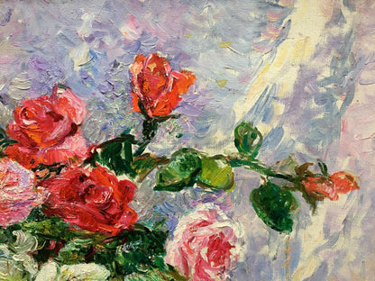 Impressionistic oil painting of vibrant red pink roses by Tamara Aleksandrovna Khitrova