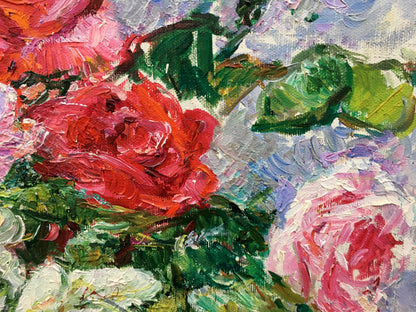 Vibrant red rose oil painting by Tamara Aleksandrovna Khitrova