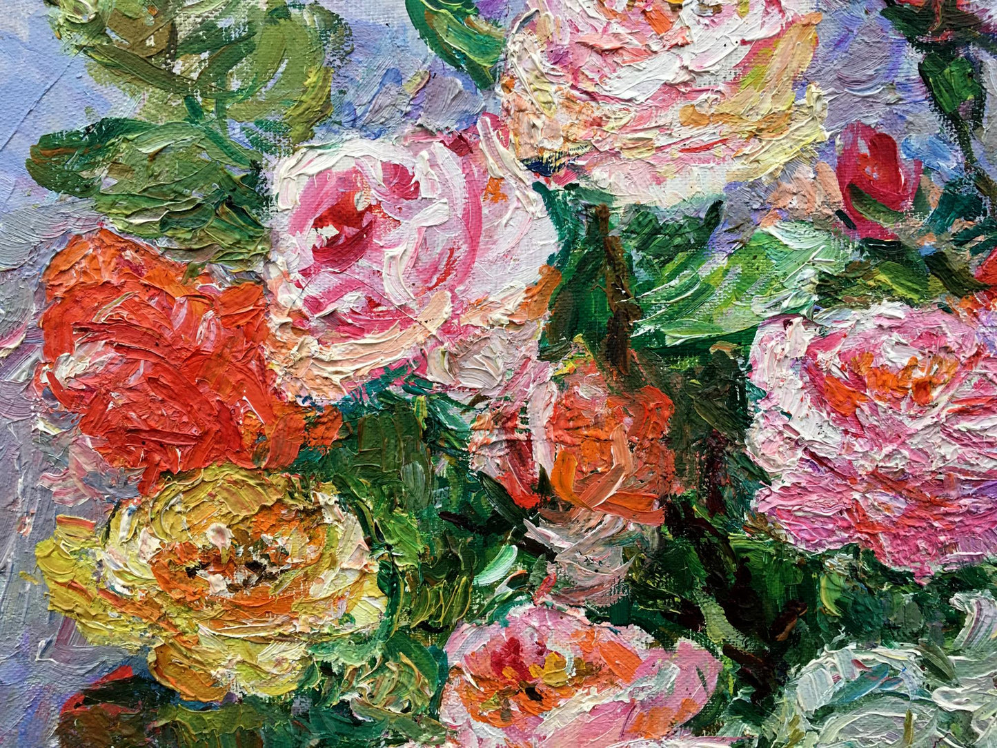 Vibrant impressionist oil painting of roses by Tamara Aleksandrovna Khitrova