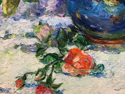 Vibrant orange rose oil painting by Tamara Aleksandrovna Khitrova