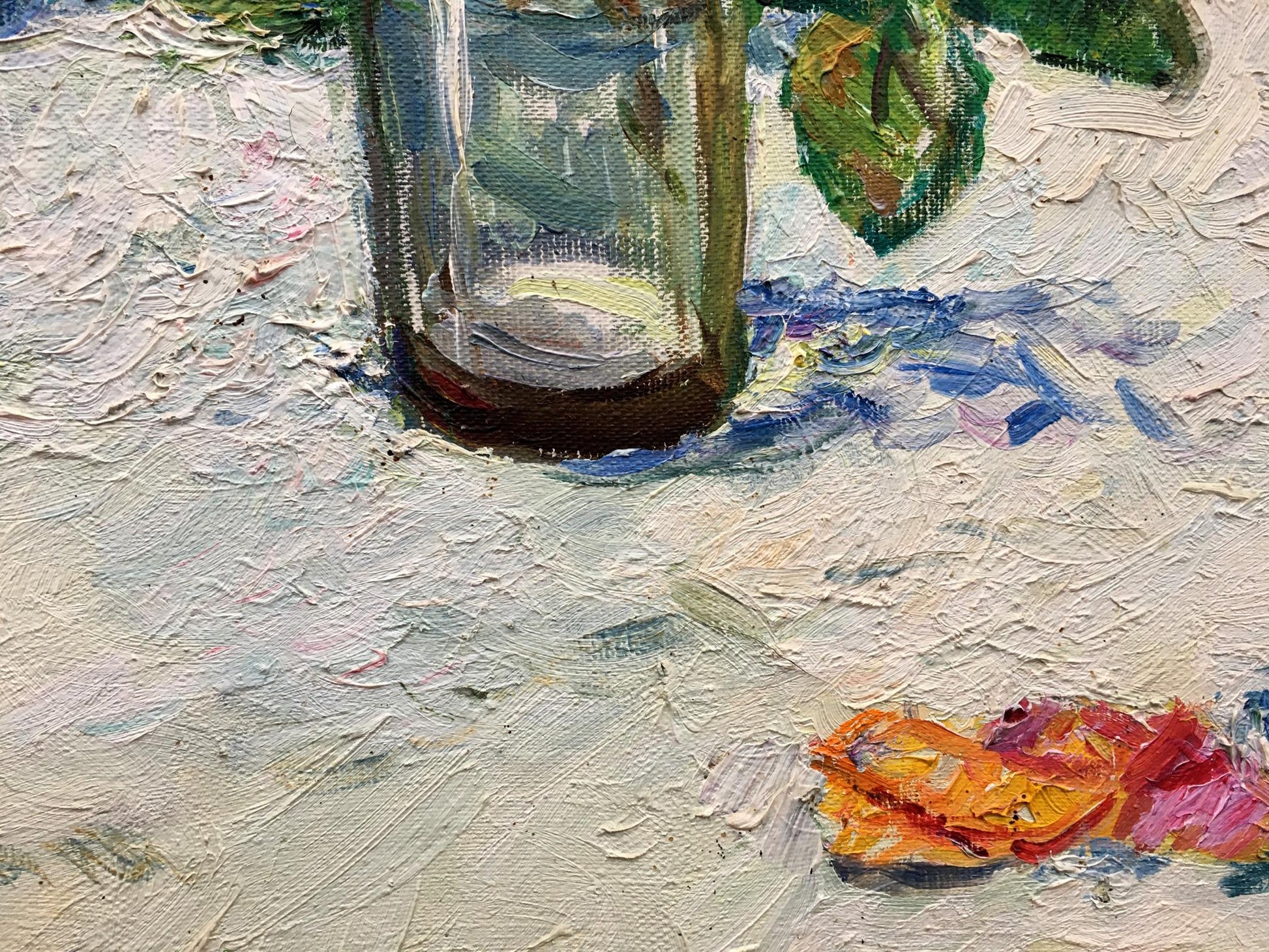 Transparent greenish glass jar in Tamara Aleksandrovna Khitrova oil painting still life