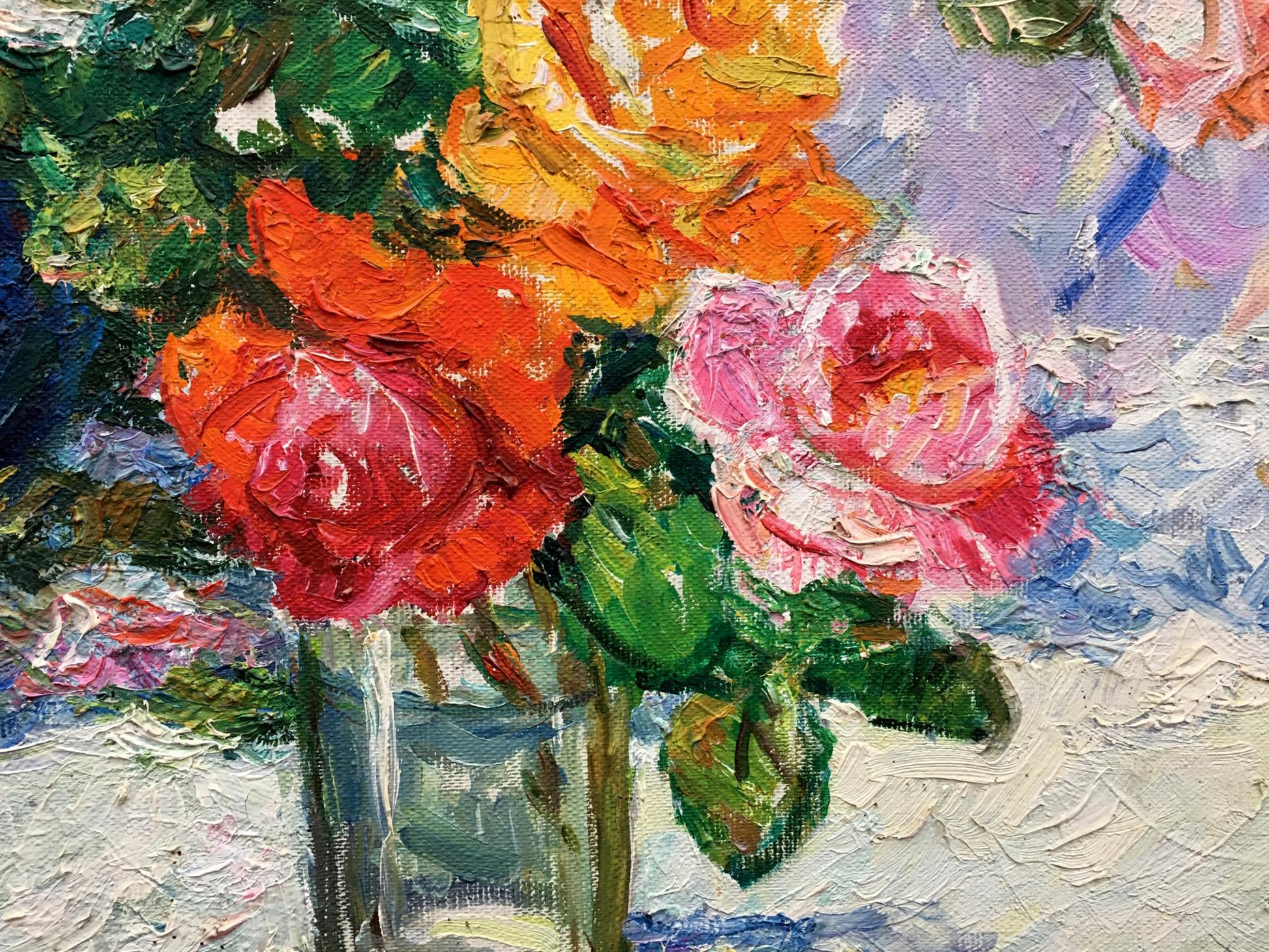 Vibrant impressionist oil painting of roses in vase by Tamara Aleksandrovna Khitrova