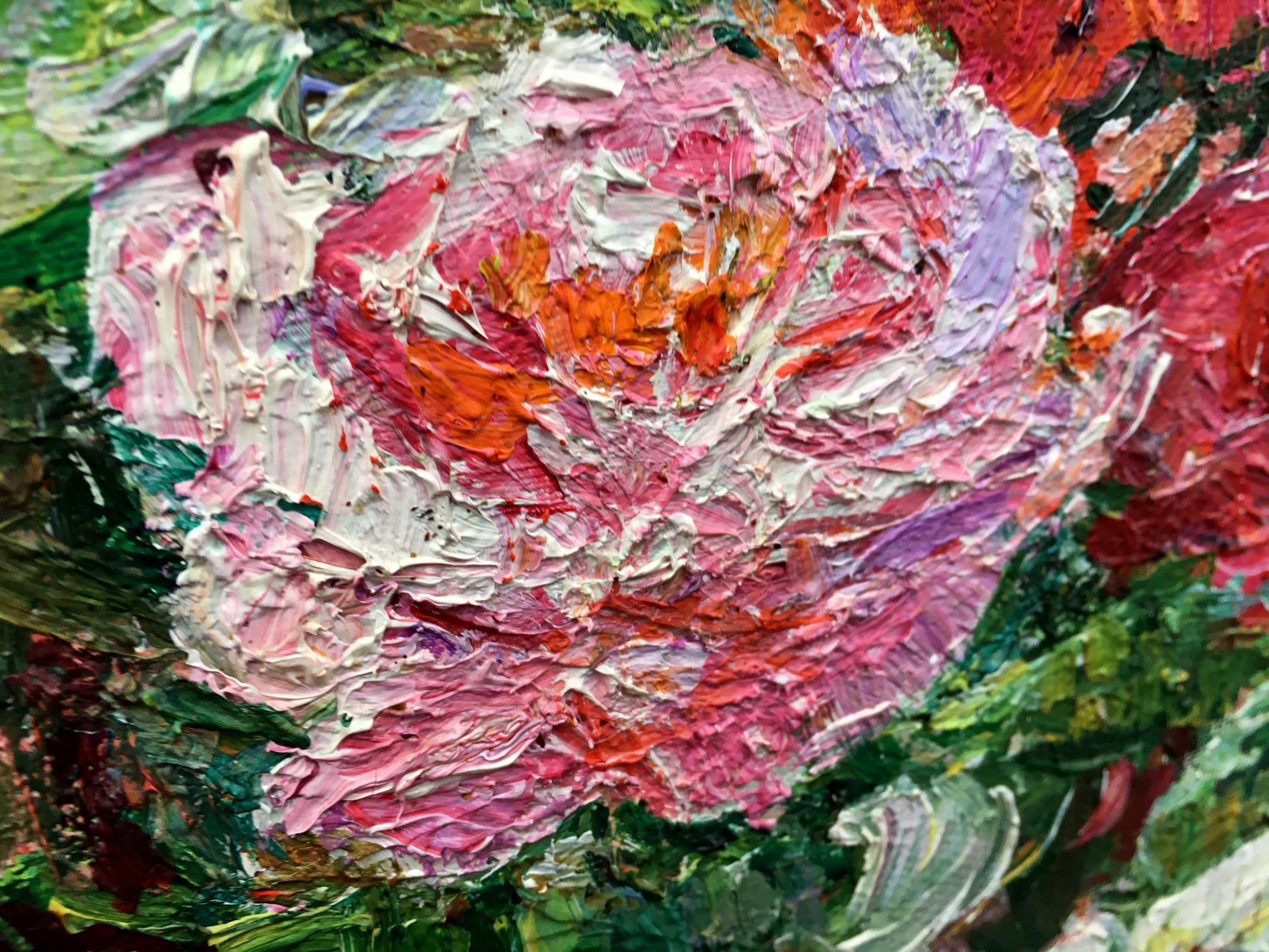 Vibrant oil painting of pink orange rose by Tamara Aleksandrovna Khitrova