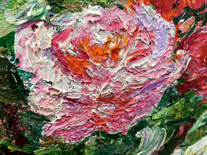 Vibrant oil painting of pink orange rose by Tamara Aleksandrovna Khitrova