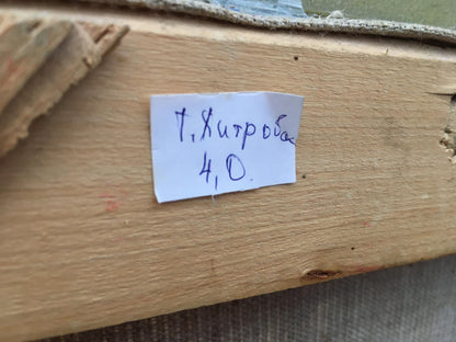 Handwritten note on back of Tamara Aleksandrovna Khitrova oil painting