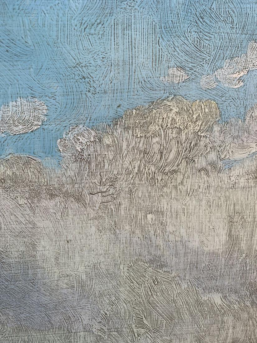 Textured blue gray landscape oil painting by Koltunov A on sunny day