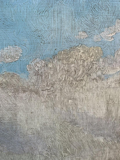 Textured blue gray landscape oil painting by Koltunov A on sunny day