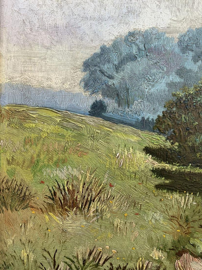 Oil painting by Koltunov A: green hillside with wildflowers under cloudy sky