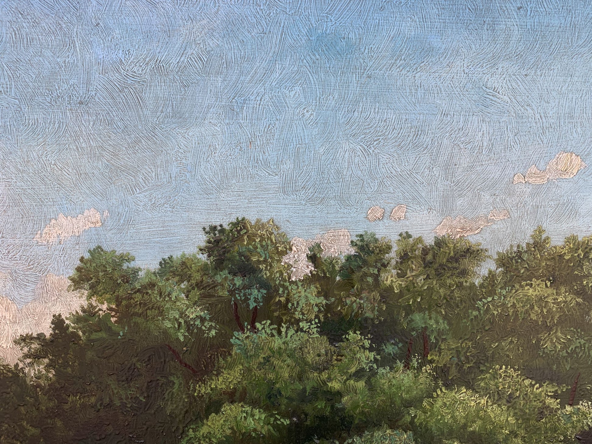 Textured oil painting of dense green forest canopy by Koltunov A