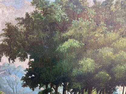Textured oil painting of dense green trees in dappled sunlight by Koltunov A