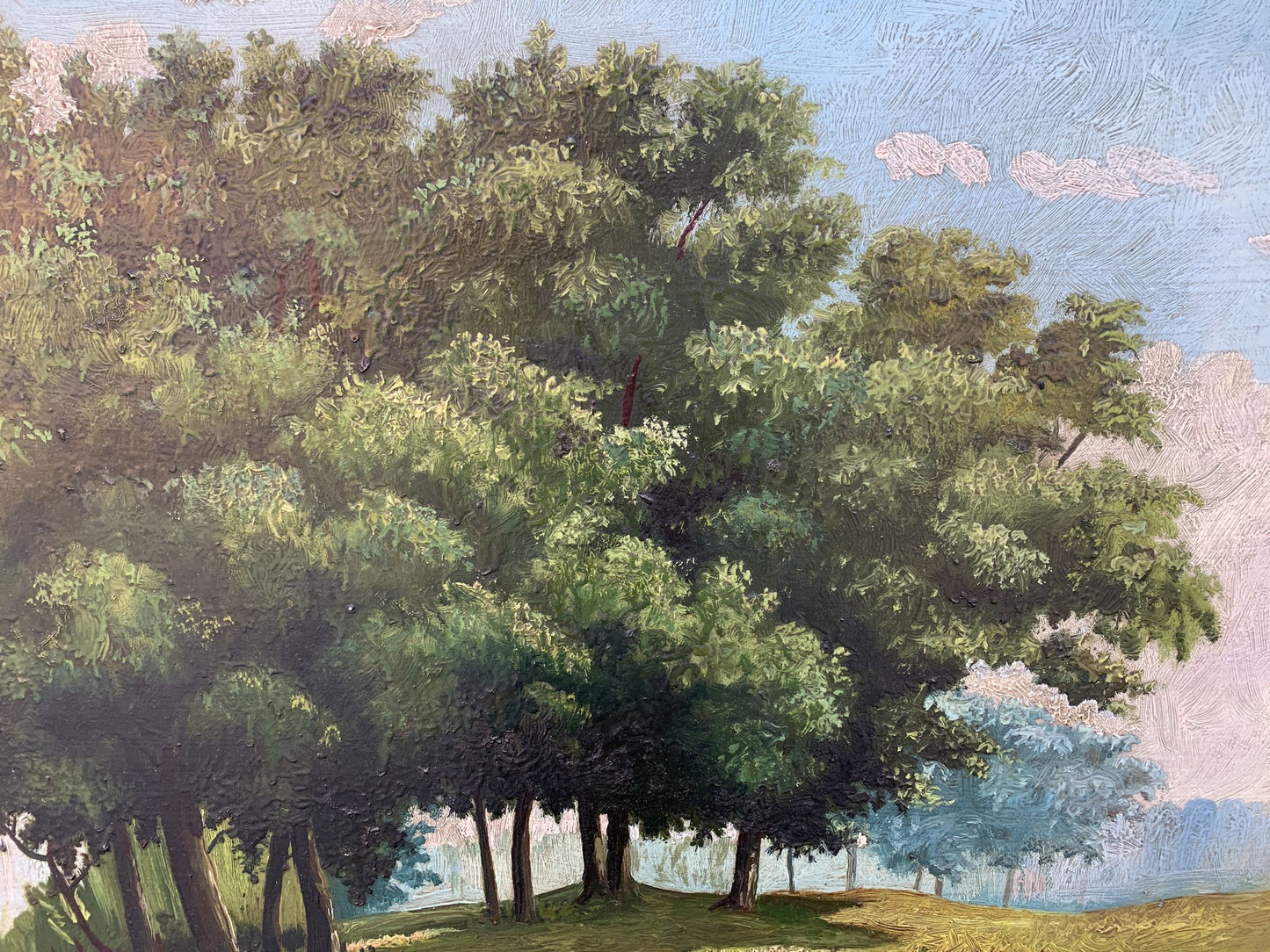 A textured oil painting depicting a cluster of lush green trees with thick foliage under a soft blue sky.