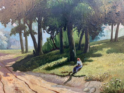 Serene oil painting by Koltunov A: figure in white blouse and purple skirt under shady trees on sunny hillside