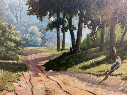Serene oil painting by Koltunov A: figure in red hat on sunny path