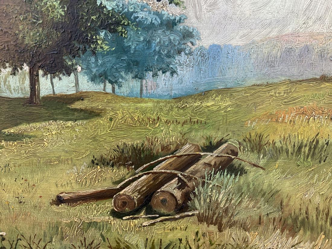 Oil painting by Koltunov A.: two dark brown logs tied with rope in grassy field