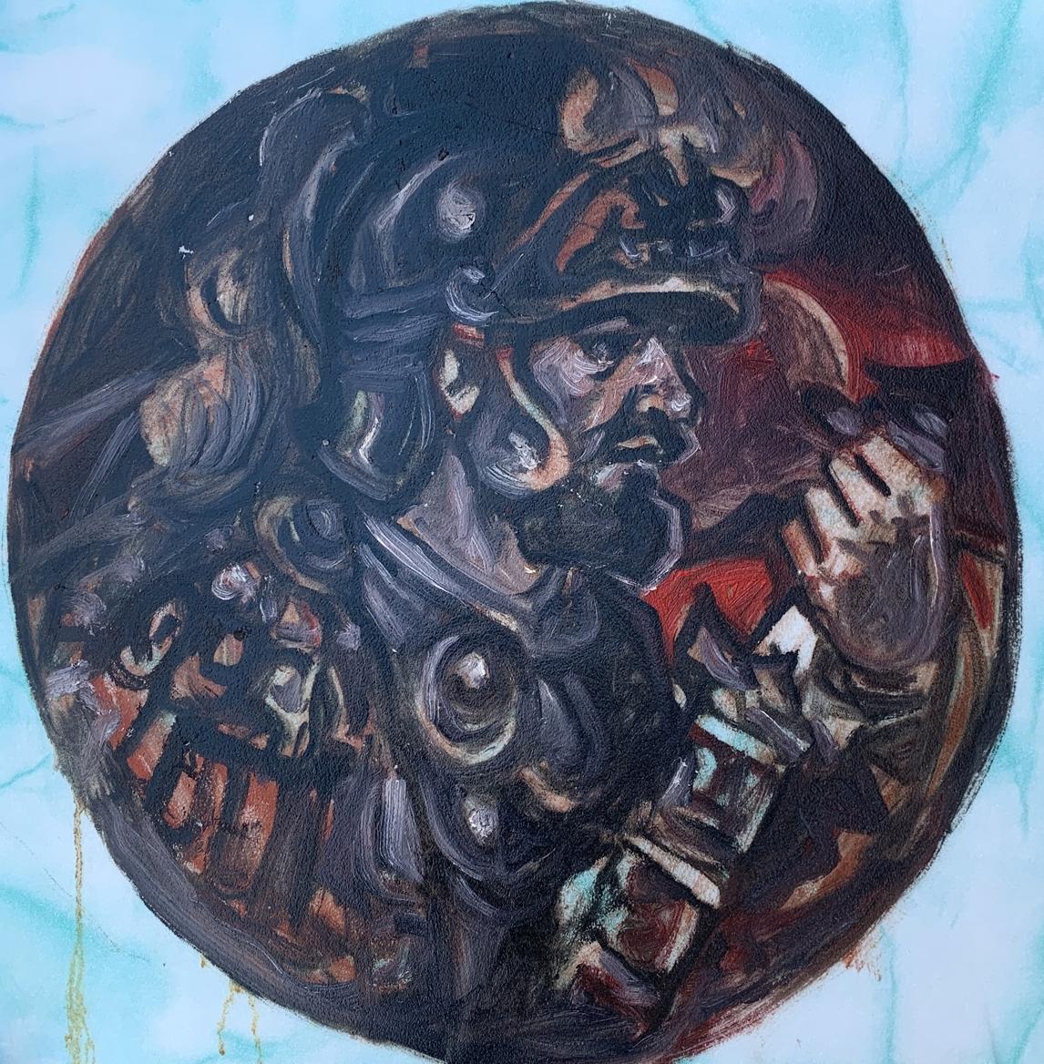 Oil painting Until the last breath by Alexander Arkadievich Litvinov, bearded warrior in dark armor