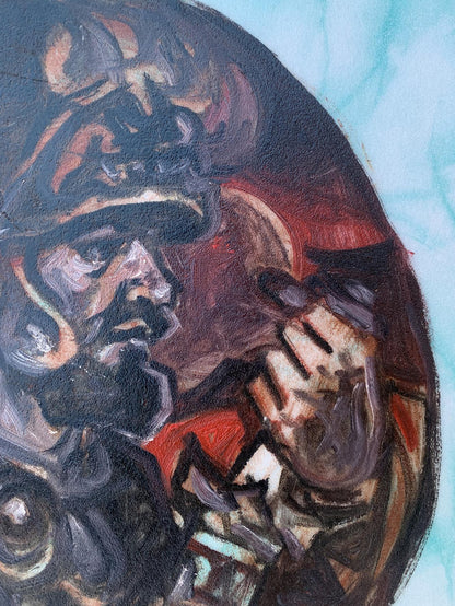Textured oil painting Until the last breath by Alexander Arkadievich Litvinov, bearded warrior in dark armor