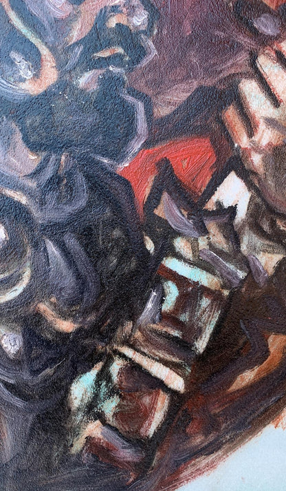 Oil painting Until the last breath by Alexander Arkadievich Litvinov with bold black red teal strokes