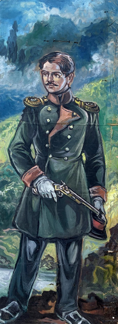 Oil painting portrait of soldier Alexander Litvinov in ornate green uniform