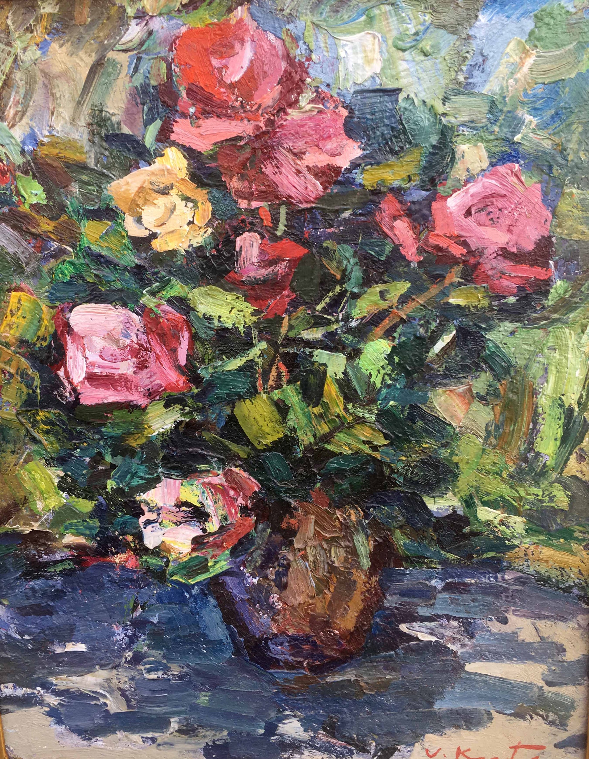 Vibrant still life oil painting of pink, red, yellow roses and green foliage