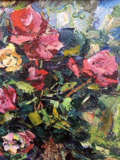 Vibrant red and pink roses still life oil painting with lush green foliage