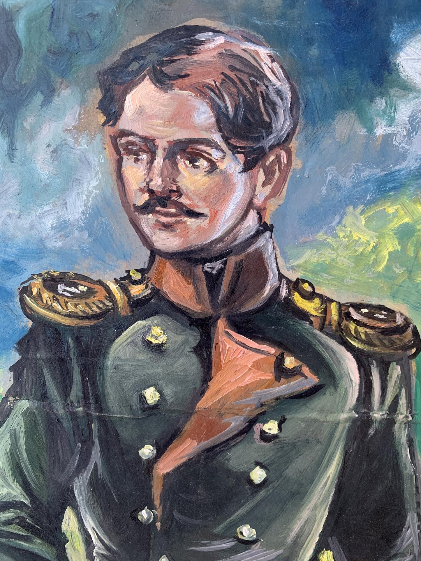 Oil painting portrait of soldier Alexander Litvinov in dark green uniform