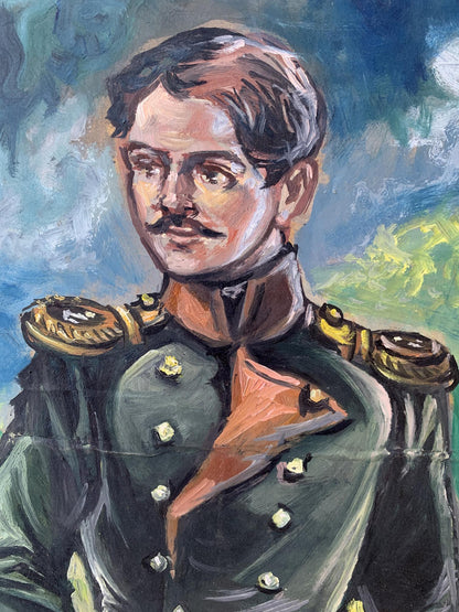 Oil painting portrait of soldier Alexander Litvinov in dark green uniform