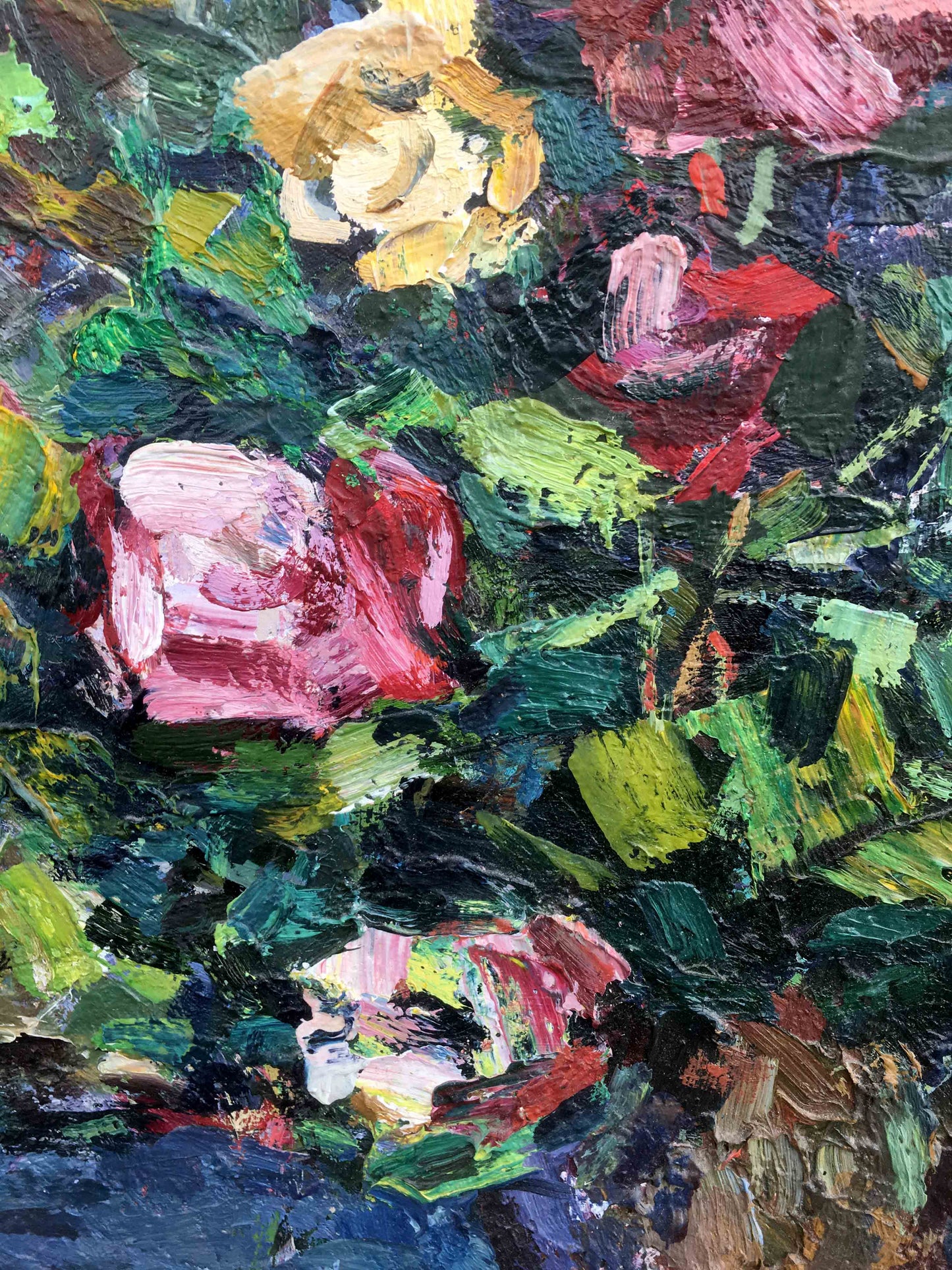 Vibrant impressionist still life of pink yellow roses oil painting